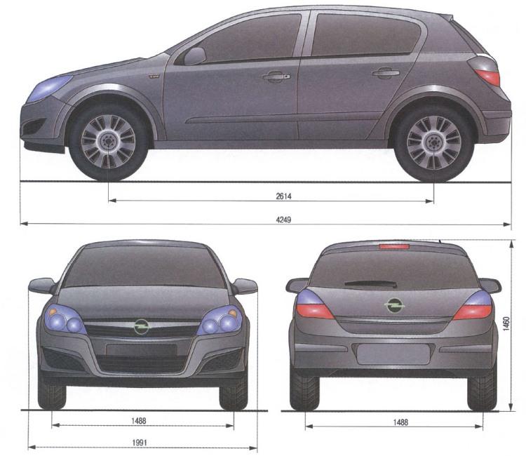 Габаритные размеры автомобиля Opel Astra H с кузовом пятидверный хэтчбек