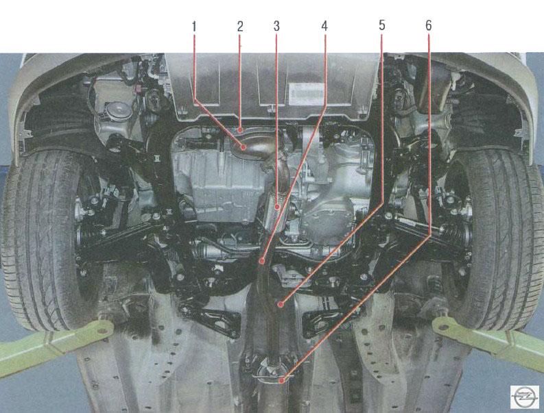 Расположение узлов системы выпуска отработавших газов в передней части основания кузова