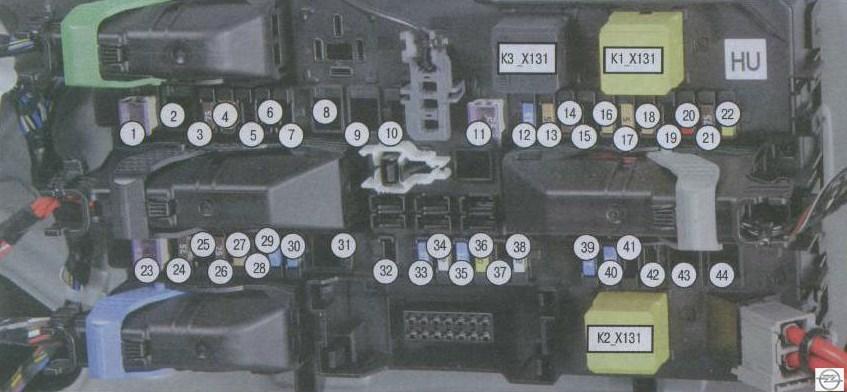 Обозначения предохранителей, плавких вставок и реле, установленных в монтажном блоке багажника